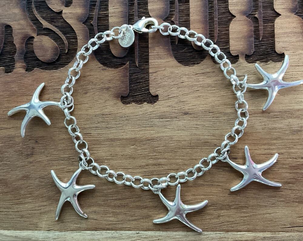 Vintage Sterling Silver Starfish Dangle Bracelet 7.5” Ocean Beach Coastal